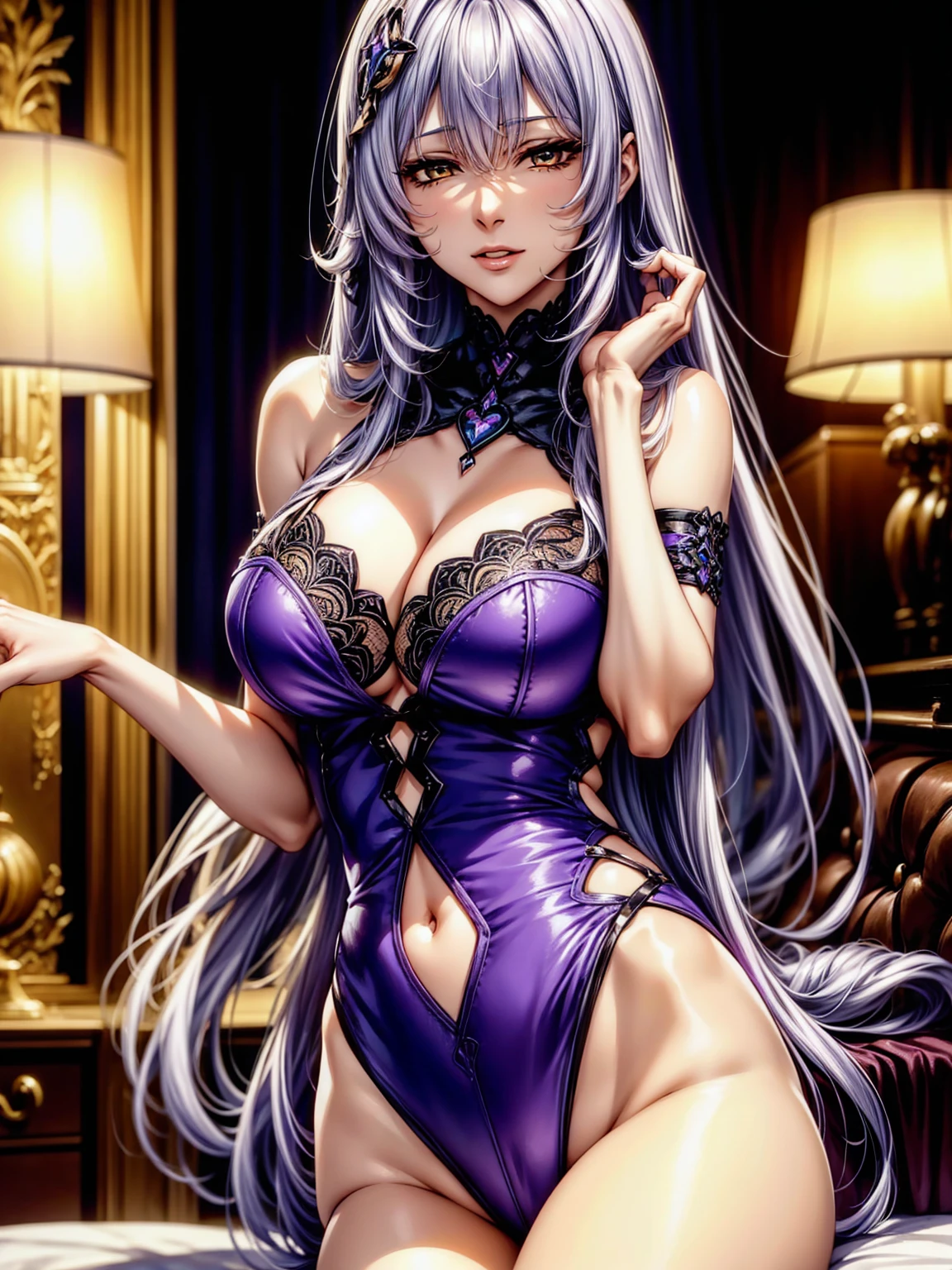 (top-quality、tmasterpiece、Very high resolution、super high image quality、High-quality pixels)、perfect eyes, perfect face, solo,8K, G cup breast,(Detailed description of hair), (Detailed description of face),(Detailed description of body), fair and clear skin, matchless beauty, long legged, facing the audience, professional photographic lighting,blackswan, black swan, hair between eyes, long hair, (purple gradient to yellow eyes:1.2), very long hair, white hair, long and sharp face, mature face,BREAK arm belt, bare shoulders, cleavage, covered navel, dress, elbow gloves, gloves, purple dress, sleeveless, sleeveless dress, veil, black pantyhose, BREAK indoors, hotel room, BREAK (cowboy shot:1.5), ssmile