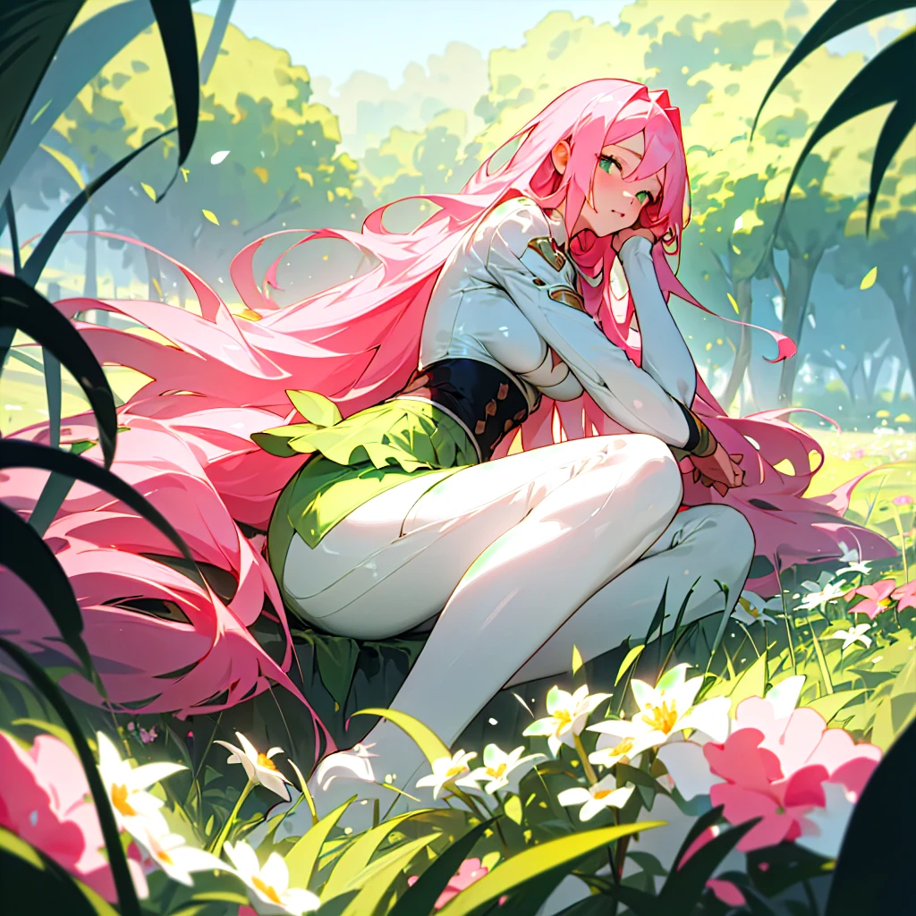 (masterpiece, best quality),candid view irresistable beauriful girl with long pink hair sitting in a field of green plants and flowers, her hand holding her skirt, rounded breast , volumetric lighting effect white sexy outfit blurry foreground