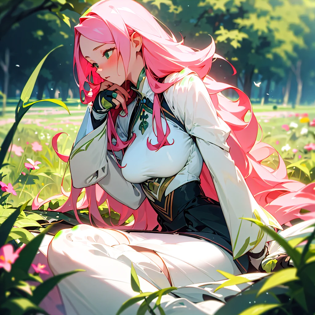 (masterpiece, best quality),candid view irresistable beauriful girl with long pink hair sitting in a field of green plants and flowers, her hand holding her skirt, rounded breast , volumetric lighting effect white sexy outfit blurry foreground