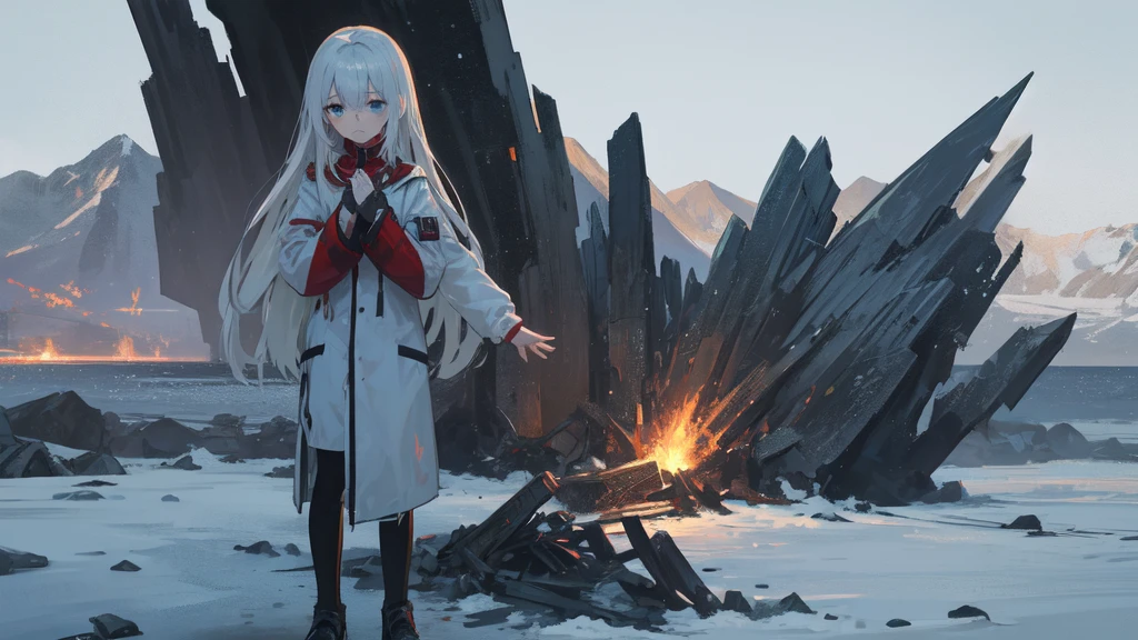 masterpiece:1.2), best quality , solo ,pixiv, anime girl ,long straight white hair , black eyes ,Wearing off-white camouflage uniform ,ten years old,battlefield,Standing in the snowy mountains,(Eyes looking into the distance:1.3),There is a flame burning beside you,(look away:1.5),snowy weather,The girl stands among the deserted snowy mountains,blood on forehead,dirty face,Background mixed with metal fragments:1.2,Backlight,Black lake in the background,Stand on a glacier,Bare rocky peaks , Scrap metal on the snow,raise arms,The expression is sad