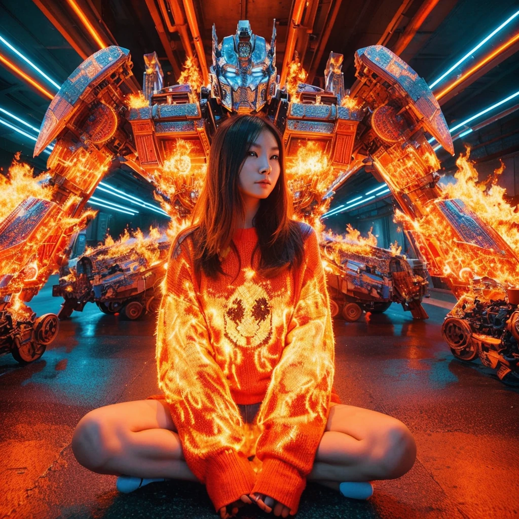 a beautiful Chinese girl, wearing glowing flamed you sweater, sitting with Optimus Prime, fiery hair, sacred flames, lonely tunnel broadway, intricate flame details, intricate Optimus Prime details, vivid, glowing, volumetric