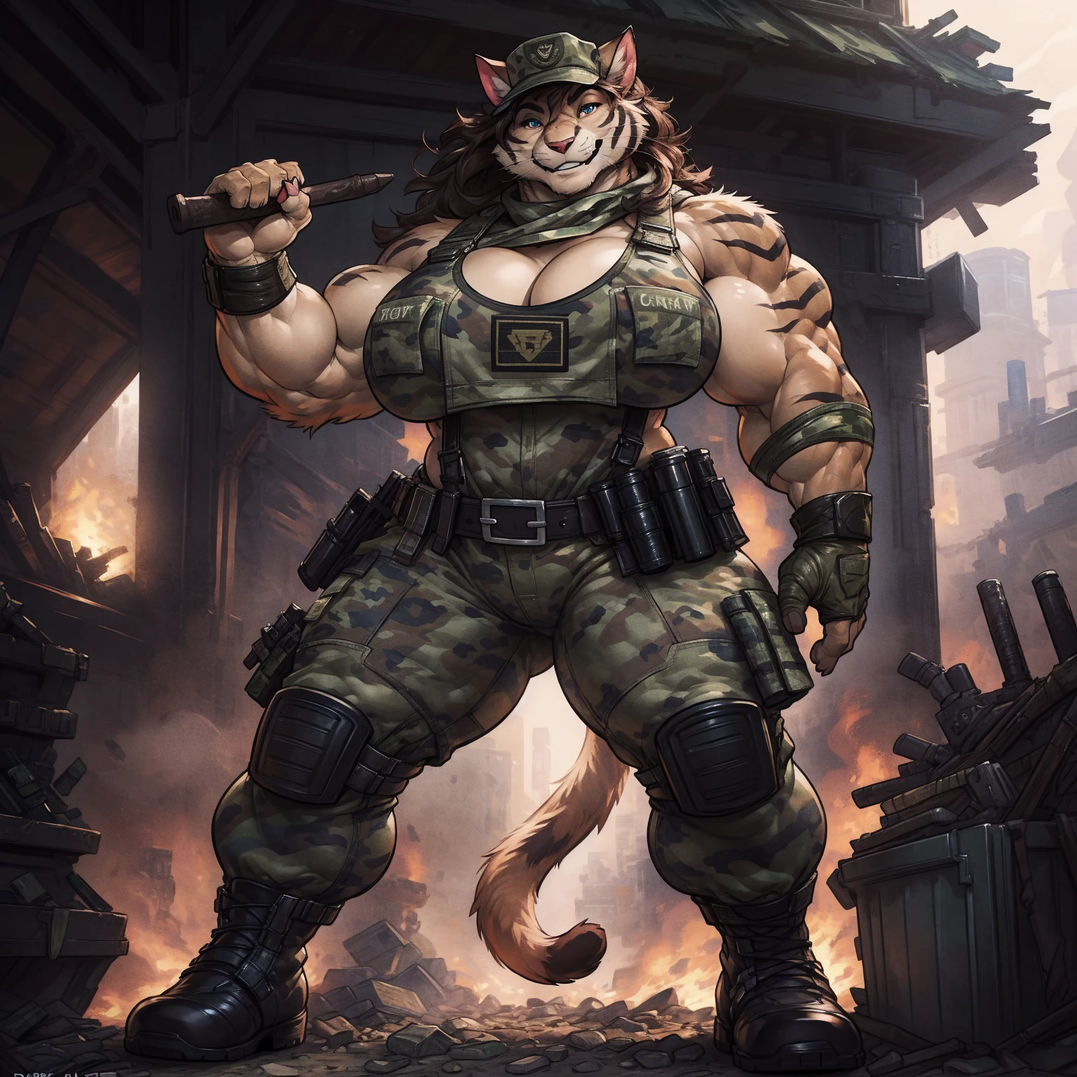 solo, 1girl, feline, cat girl, female, buff, muscular, huge breasts, highly detailed eyes, Amazon, wearing camouflage_uniform, (urban uniform:1.2), military camp, rolled sleeves, shirt, trousers, cleavage, standing upright, combat boots, full body, smiling, friendly, looking at viewer, realistic lighting, by darkgem, by wfa, by bng,