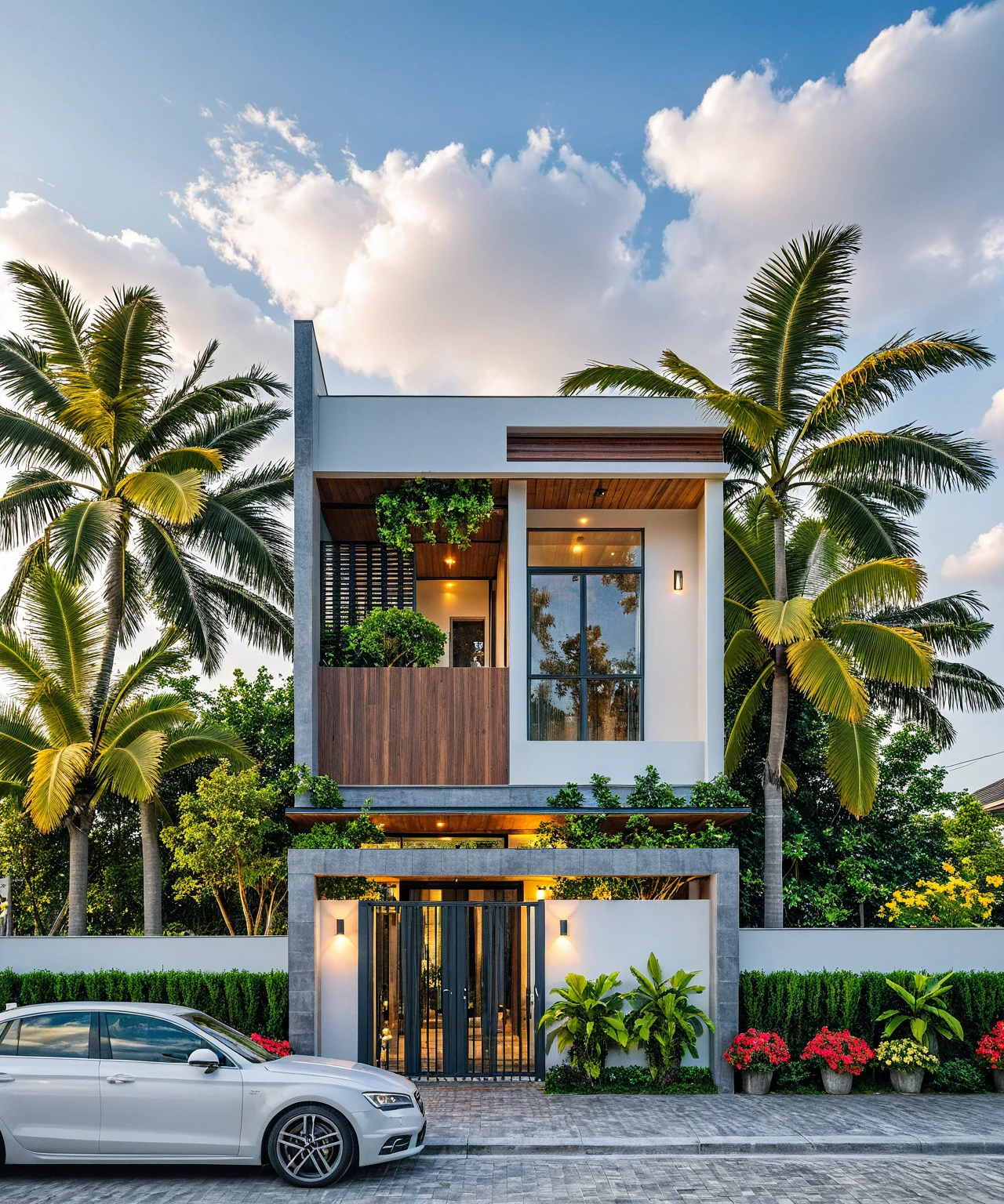 Masterpiece, high quality, best quality, authentic, super detailed, outdoor, aiaigroup, modern 2-storey townhouse style, stairs, white wall combined with wood, wind encaustic tiles, iron gate, ceiling conwood, flowers, path, summer evening, grass, trees, sky, clouds, (daylight: 1.1)