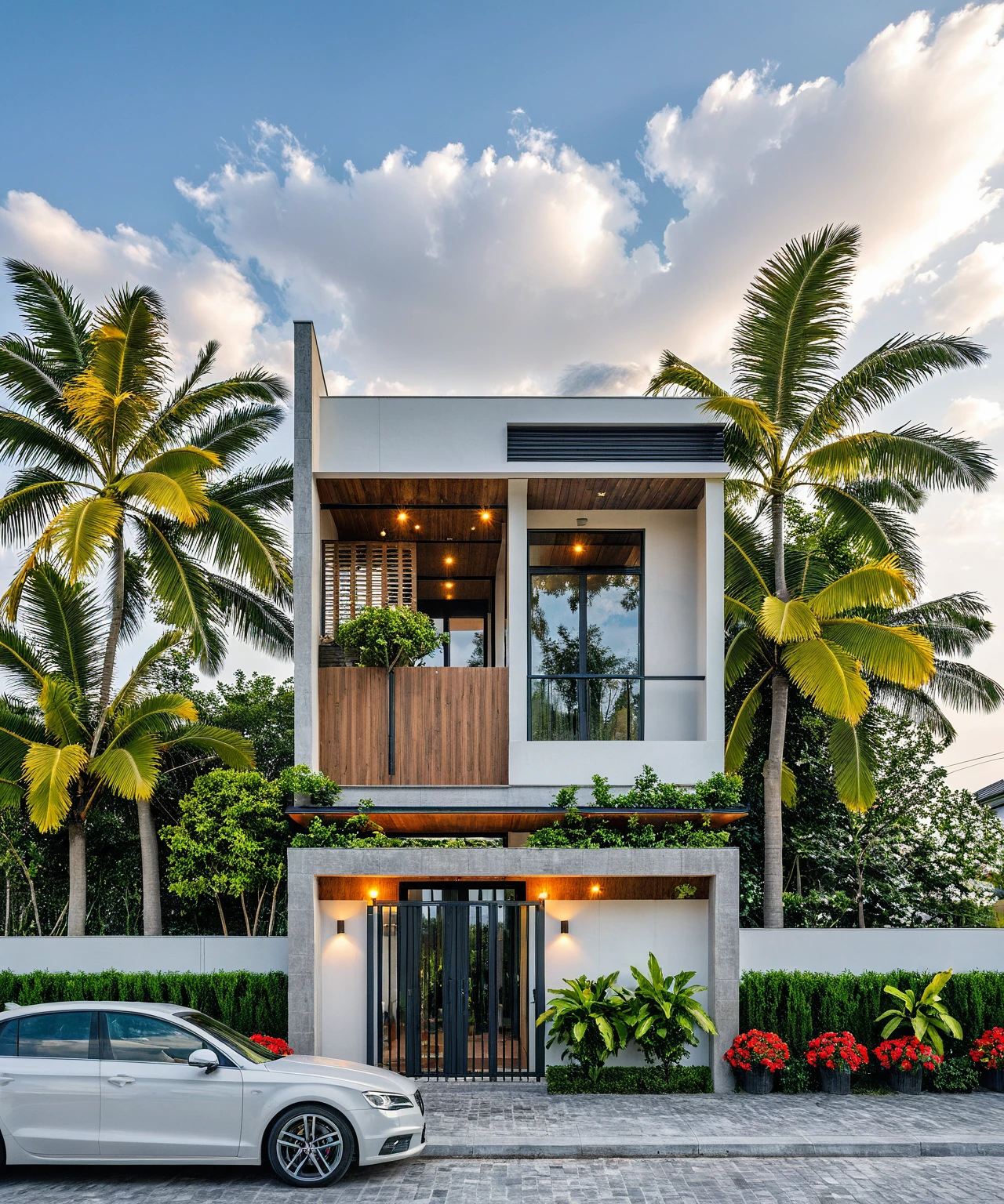Masterpiece, high quality, best quality, authentic, super detailed, outdoor, aiaigroup, modern 2-storey townhouse style, stairs, white wall combined with wood, wind encaustic tiles, iron gate, ceiling conwood, flowers, path, summer evening, grass, trees, sky, clouds, (daylight: 1.1)