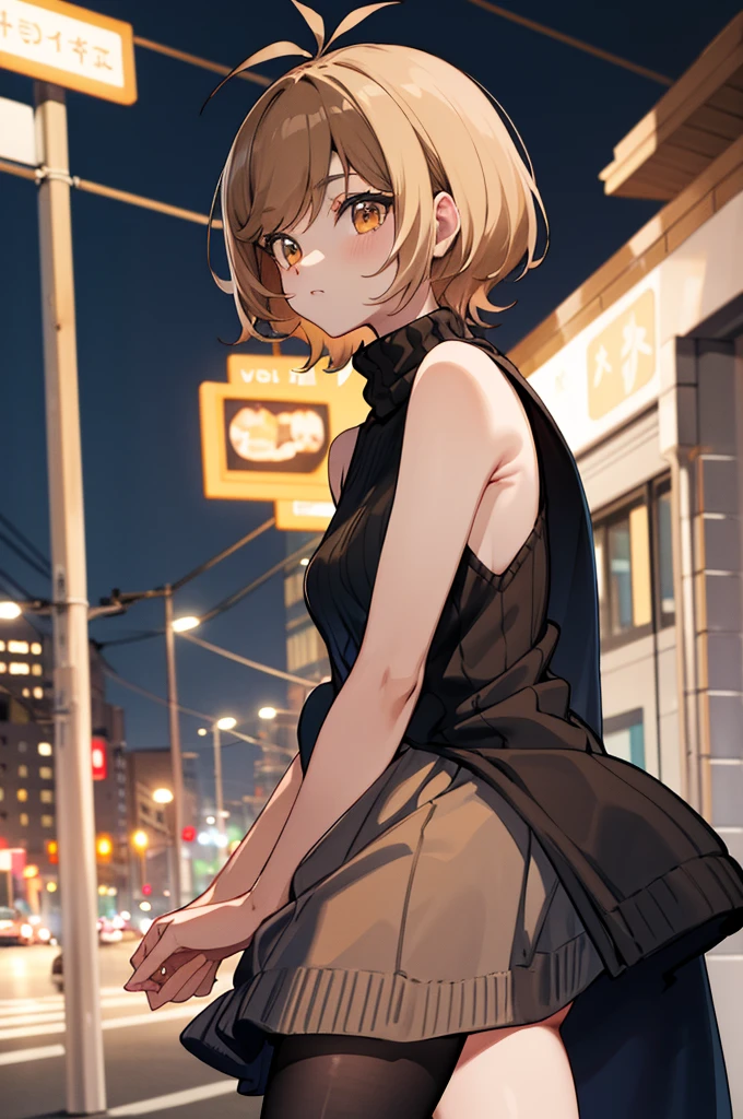 masterpiece, best quality, highres, hmza, short hair, antenna hair, brown eyes, sweater dress, virgin killer sweater, turtleneck, sleeveless, night, street,