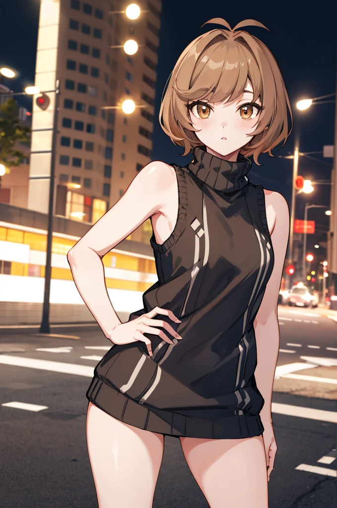 masterpiece, best quality, highres, hmza, short hair, antenna hair, brown eyes, sweater dress, virgin killer sweater, turtleneck, sleeveless, night, street,