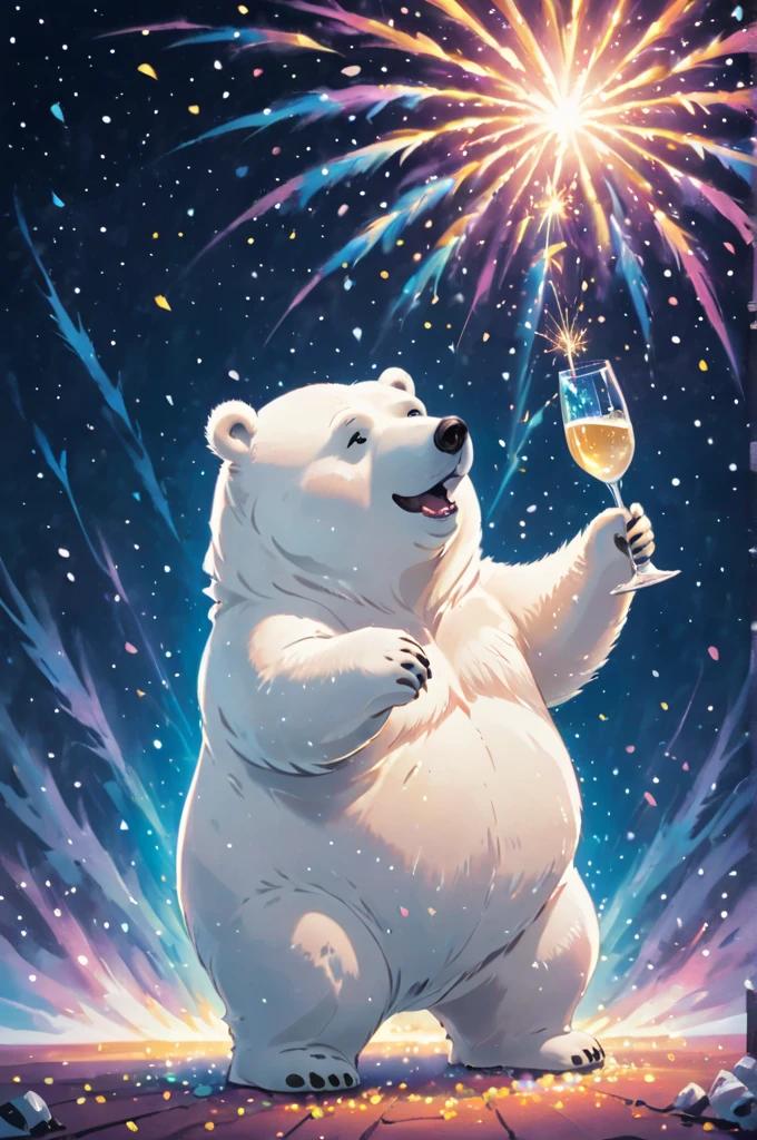 Cosmic Canvas,perfection, clean, masterpiece, Professional artwork, Famous works of art, A picture of a cute fat polar bear character, (Fireworks Background),  I have a champagne glass