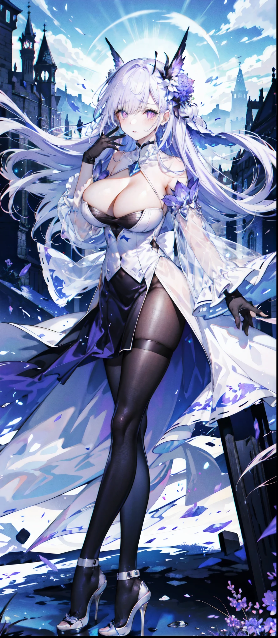 ((masterpiece:1.4,best quality)),(Super detailed),(Extremely detailed eyes),(Shiny socks:1.5),Hello Darkness
(Cute girls),,(Blood-red pupils,Diamond-shaped pupil:1.15),Purple Eyeshadow,(elongated hair,Thick hair,Single ponytail,shiny hair:1.5)(Changes through:1.2),despair,sad,Empty eyes,tears streaming down my face,tilting its head to the side,
(She wore a blue dress,:1.5),(Black gloves:1.4)Very long plush sleeves,White,White Cloud,Dream bubbles ,Ice and glitter effects
(Black long skirt:1.1),
((Starry Sky:1.2)),
(Intense black and white:1.16),(Depth of Field:1.4),,Intricate details,(((Detailed background,Castle in the Sky,Purple flowers by the lake))),(((Huge breasts,Bare breasts,Deep cleavage,White stiletto high heels,Transparent clothes)))
