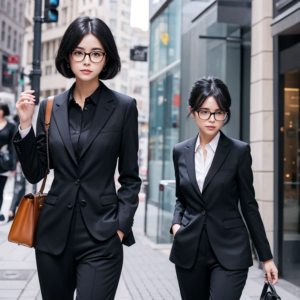 pants suit　Glasses　Black Hair　Chignon　