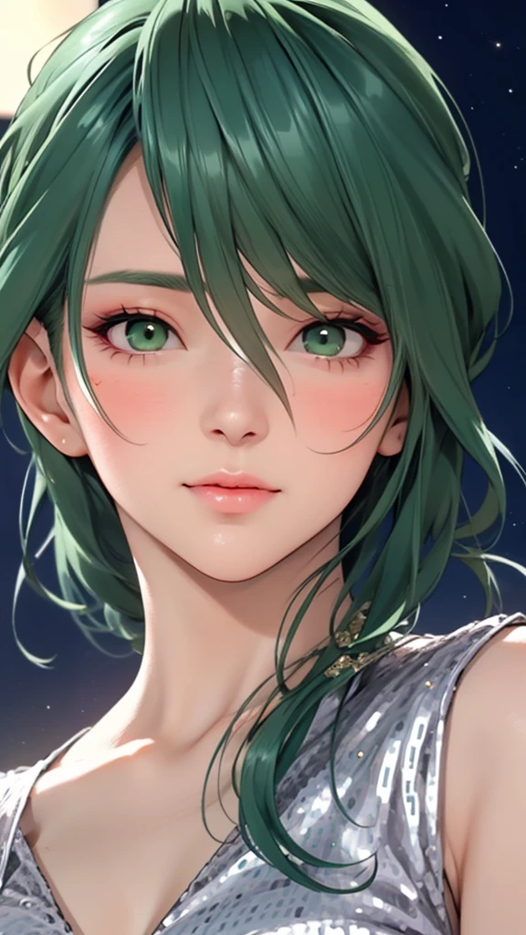 1woman, tamaki, green hair, green eyes, hair between eyes, detailed eyes, (silver sequined dress), blush, night, Close-up of face