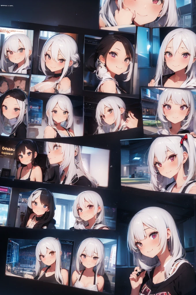 a sexy girl, white hair, in mini lingerie, in school, selfie, smile, multiple views, ray tracing, from above, fisheye, close-up, 16k, 8k, highres, best quality, award winning, high quality, high details, super detail, textured skin, anatomically correct, masterpiece