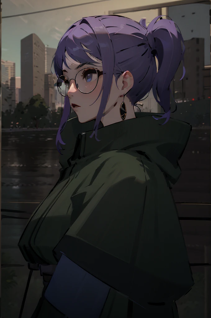 1girl, purple hair, green coat, black jeans, mountain in background, wearing glasses, beautiful masterpiece, perfection, side-view pov