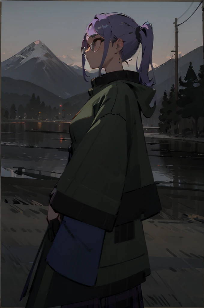 1girl, purple hair, green coat, black jeans, mountain in background, wearing glasses, beautiful masterpiece, perfection, side-view pov