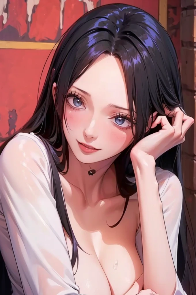 best quality, masterpiece, highly detailed,1girl, Boa Hancock, , (masterpiece:1.5), Detailed Photo, Smiling, Sexy, (8K, Best Quality: 1.4), (1girl), Beautiful Face, (anime realistic Face), (Black Hair, long Hair: 1.3), Beautiful Hairstyle, Realistic eyes, beautiful detail eyes, (white skin), beautiful skin, absurd, attractive, ultra high resolution, ultra realistic, high definition, golden ratio, (sexually aroused:1.5), Pinkish white skin, cool white light, Beautiful , white background, pink soft white light, Wear a black bodycon dress, (messy hair:1.5), (masturbate:1.5)