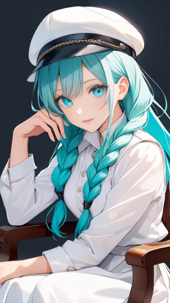 (Eyes:1.1), (Hands:1.1), (Fingers:1.1), Female, woman, mature, Beautiful, Humble, Kind, long hair upper waist Stright Braided Hairstyles, Aqua blue pupil eyes colour, bright cyan Hairs, leather white wear Newsboy Cap, white dress flowing with skirt, sit on chairs front the blank white canvas, Anime style, vivid colours, (White backgrounds:1.1)