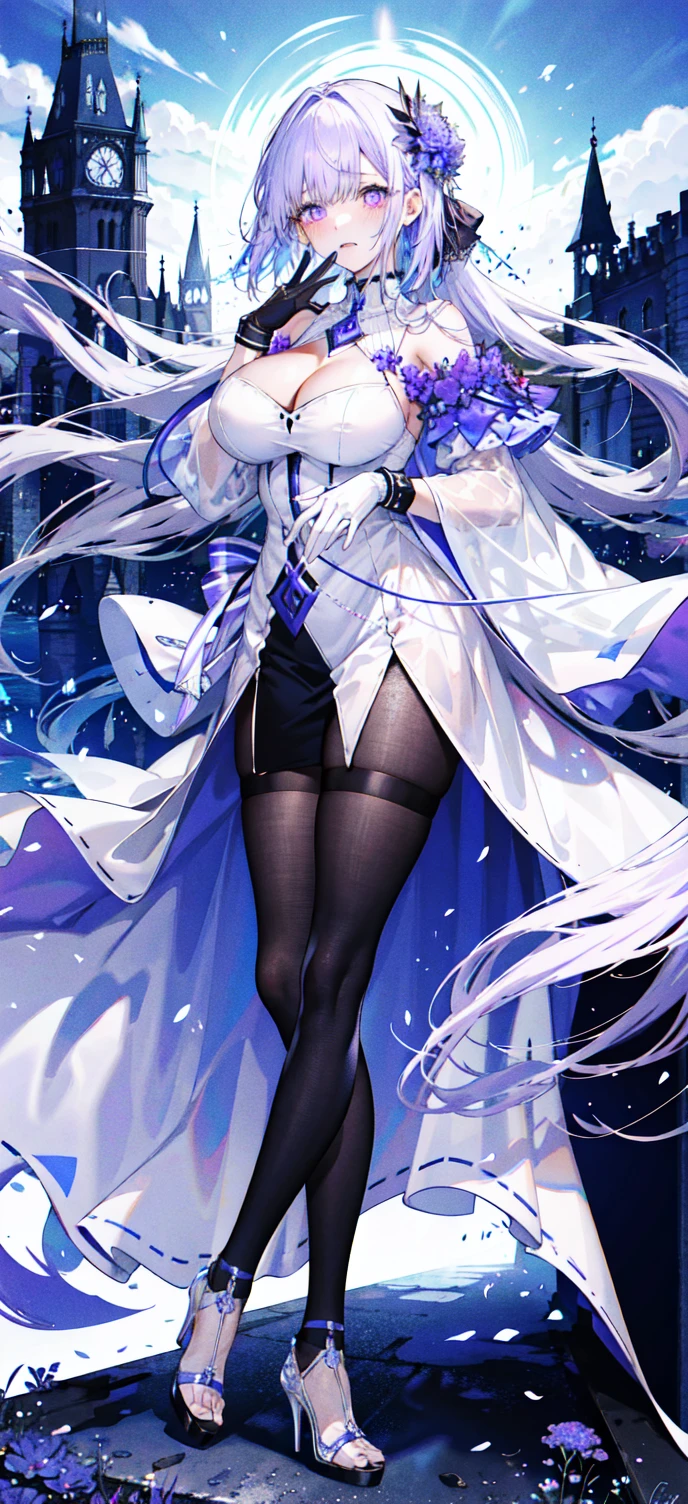 ((masterpiece:1.4,best quality)),(Super detailed),(Extremely detailed eyes),(Shiny socks:1.5),Hello Darkness
(Cute girls),,(Blood-red pupils,Diamond-shaped pupil:1.15),Purple Eyeshadow,(elongated hair,Thick hair,Single ponytail,shiny hair:1.5)(Changes through:1.2),despair,sad,Empty eyes,tears streaming down my face,tilting its head to the side,
(She wore a blue dress,:1.5),(Black gloves:1.4)Very long plush sleeves,White,White Cloud,Dream bubbles ,Ice and glitter effects
(Black long skirt:1.1),
((Starry Sky:1.2)),
(Intense black and white:1.16),(Depth of Field:1.4),,Intricate details,(((Detailed background,Castle in the Sky,Purple flowers by the lake))),(((Huge breasts,Bare breasts,Deep cleavage,White stiletto high heels,Transparent clothes)))