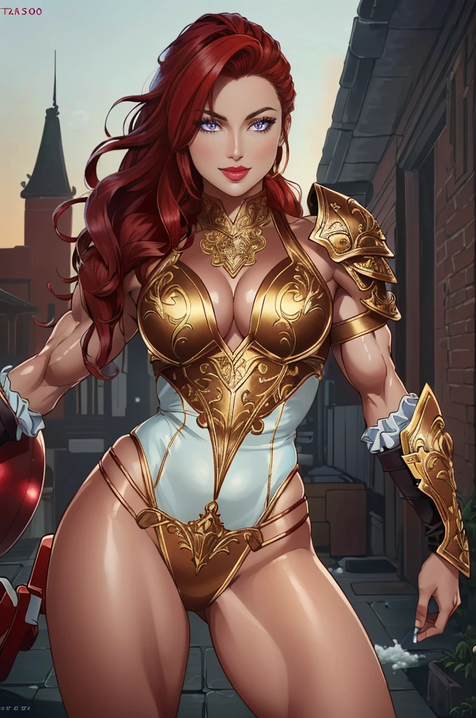 ((solo, 1woman, (TakashiroHiroko, dark purple eyes, red hair, long hair), lipstick, Extremely detailed, ambient soft lighting, 4k, perfect eyes, a perfect face, perfect lighting, a 1girl)), ((solo, (1woman, lipstick), Extremely detailed, ambient soft lighting, 4k, perfect eyes, a perfect face, perfect lighting, a 1girl)), , ((fitness,, shapely body, athletic body, toned body)), ((in suite, soap bubbles)), ((1girl)), full body, 80s_teela, a woman wearing armor, modelshoot style, anime, (extremely detailed 8k wallpaper), masterpiece, best quality, ((intricate detail)), absurdres, (((red hair))), ((blue eyes)), ((perfect face)), muscular thighs, muscular arms, suggestive smile, skin texture, (tone mapped), ((outline)), dynamic angle, dynamic pose,