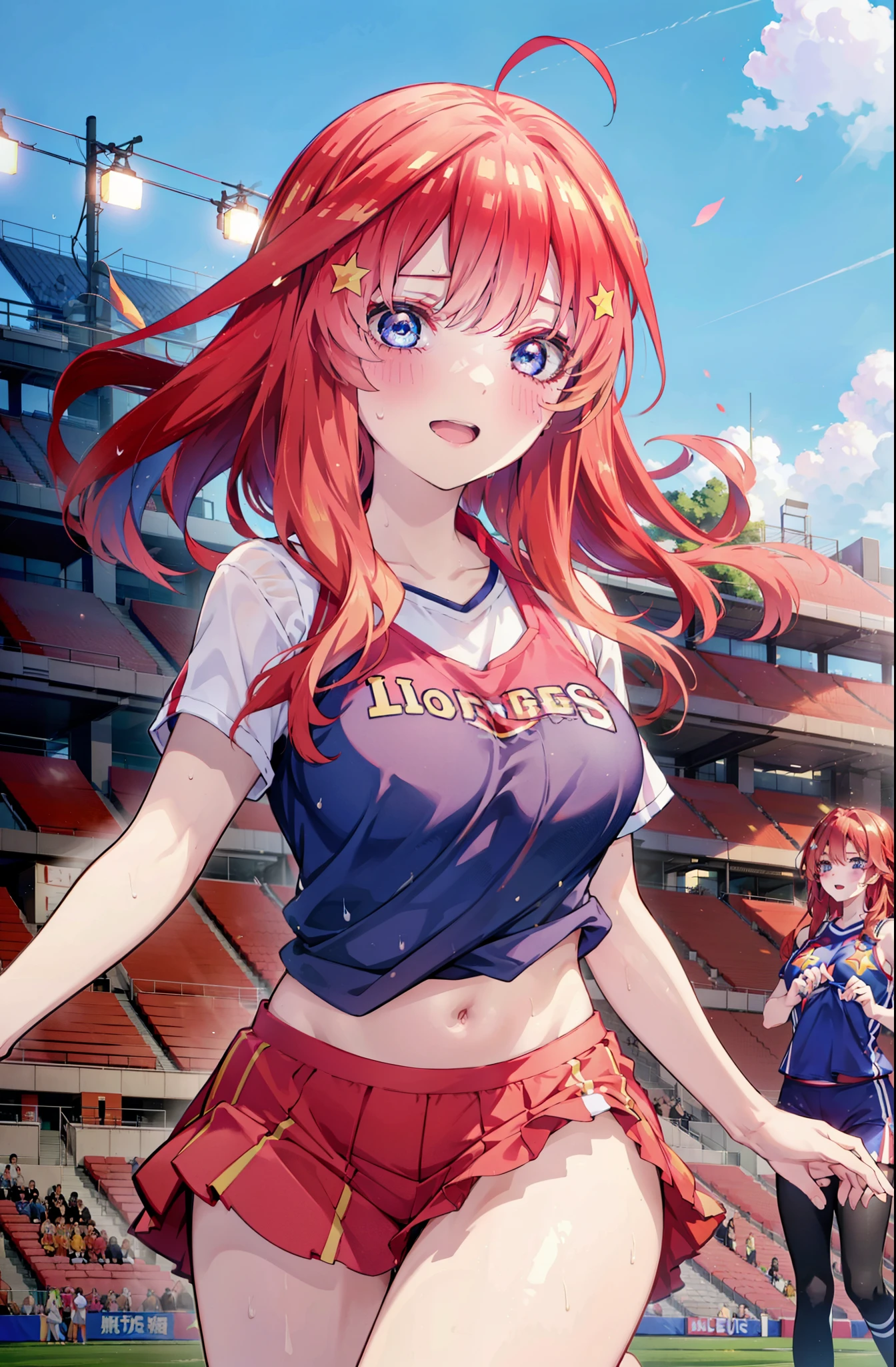 itsukinakano, Itsuki Nakano, bangs, blue eyes, hair between eyes, Ahoge, Redhead, star \(symbol\), happy smile, smile, Open your mouth,hair ornaments, star hair ornaments,(cheer leading), (whole body), Big Breasts, Lower, (Sweaty), Sweaty Wet Clothes (Red clothes), No sleeve,Belly button support, playground, (Jump), (Jump), 足を曲げてJumpする, air, blue sky, Grass原, smileのチアリーダー, Pom-pom \(cheer leading\), Grass, whole bodyがイラストに入るように,
break outdoors, Stadium,
break looking at viewer, whole body,
break (masterpiece:1.2), Highest quality, High resolution, unity 8k wallpaper, (shape:0.8), (Fine and beautiful eyes:1.6), Highly detailed face, Perfect lighting, Highly detailed CG, (Perfect hands, Perfect ???????),