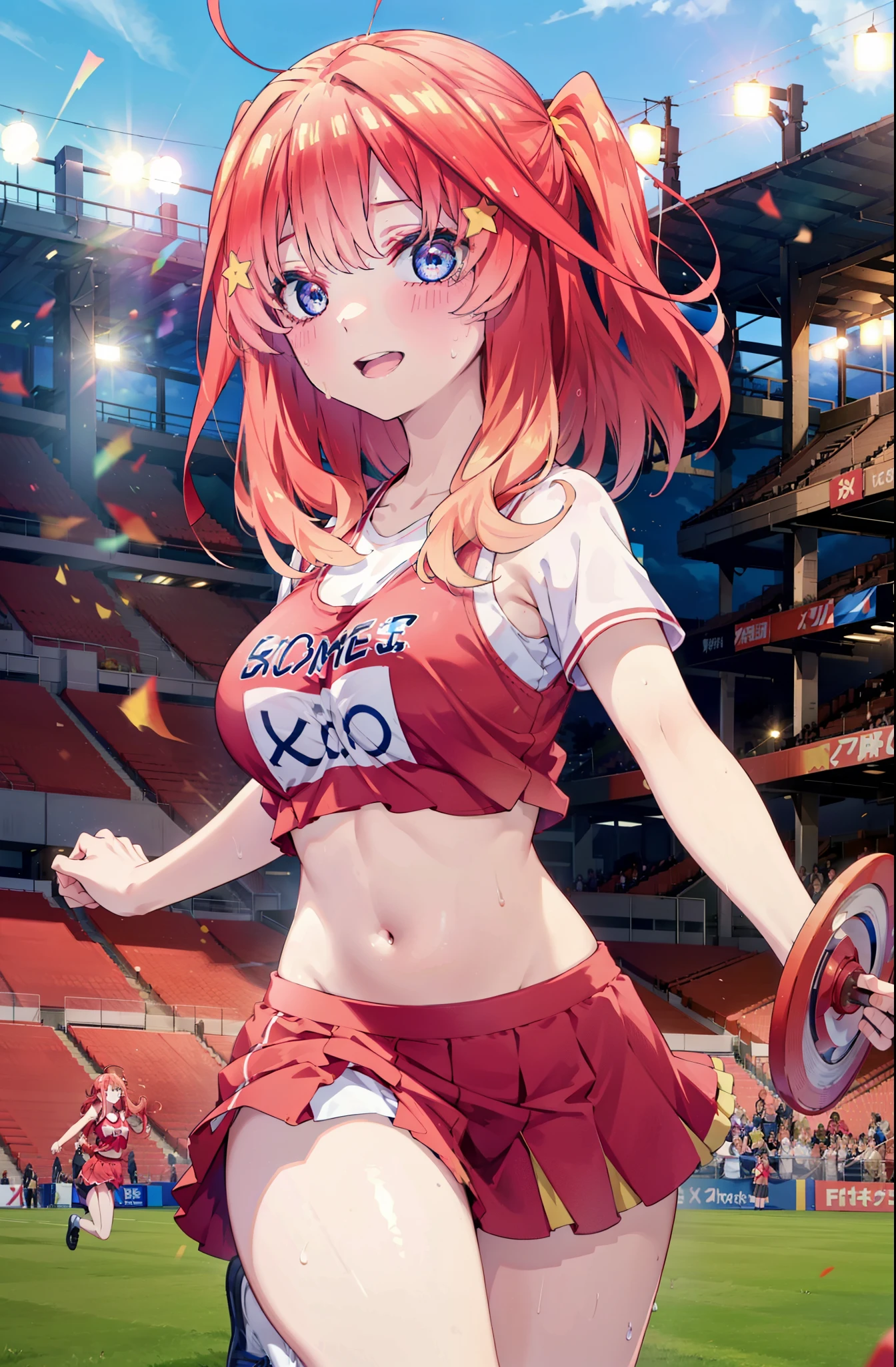 itsukinakano, Itsuki Nakano, bangs, blue eyes, hair between eyes, Ahoge, Redhead, star \(symbol\), happy smile, smile, Open your mouth,hair ornaments, star hair ornaments,(cheer leading), (whole body), Big Breasts, Lower, (Sweaty), Sweaty Wet Clothes (Red clothes), No sleeve,Belly button support, playground, (Jump), (Jump), 足を曲げてJumpする, air, blue sky, Grass原, smileのチアリーダー, Pom-pom \(cheer leading\), Grass, whole bodyがイラストに入るように,
break outdoors, Stadium,
break looking at viewer, whole body,
break (masterpiece:1.2), Highest quality, High resolution, unity 8k wallpaper, (shape:0.8), (Fine and beautiful eyes:1.6), Highly detailed face, Perfect lighting, Highly detailed CG, (Perfect hands, Perfect Anatomy),