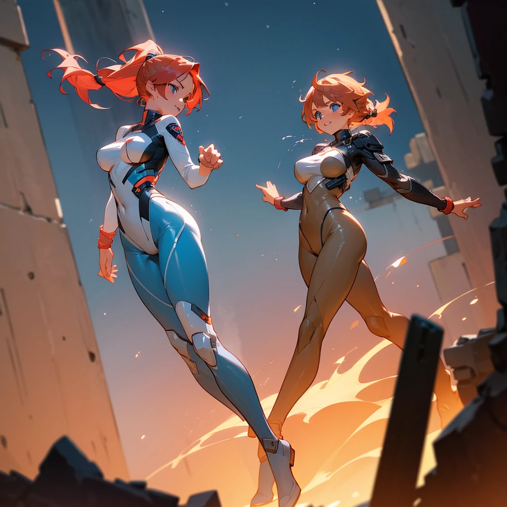 1female, young adult, tan skin, big breast, finely detailed blue eyes, wild medium hair, coral hair, braided ponytail, full body combat suits, standing on ruined building, night time, excited expression