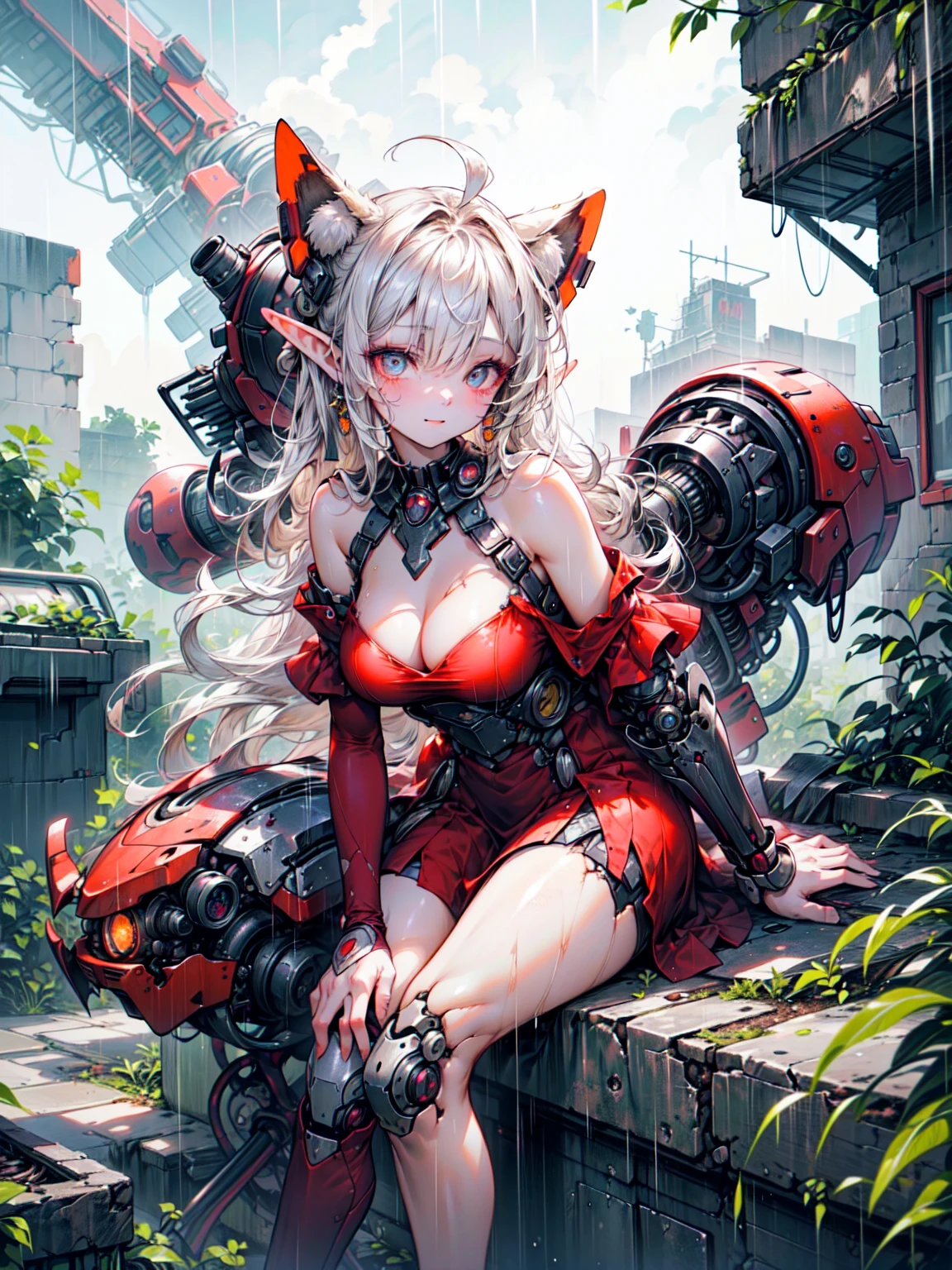 super high quality、8K quality、High resolution、Image quality captured with a single-lens reflex camera、(SFW)、Perfect Anatomy、(Crimson Dress Theme）Beautiful Mecha Girl、Beautiful blonde 20 year old girl.Orange eyes、(Blank look、Loss of eye color:1.3)(Good shape、Normal chest、Cleavage)、3D, Realistic black machine parts、（Shoulders and legs are exposed:1.2）(Real Mechanical Unit)、break(Tattered Dress、Wear a red dress:1.4)(Praying to God pose:1.4)(Mechanical parts below the elbows and knees:1.2)(Damaged、、Damaged mechanical leg、missing feet、 Destroyed mechanical leg、spark:1.5)(Soaking wet、Rain-soaked body:1.2)break、（natural disaster:1.5）（Perfect Anatomy:1.4）break(Cowboy Shot:1.3)(Sitting:1.2)(Movie angle:1.3)Collapsed building、rooftop(Storm and heavy rain:1.6)、break、非常にdetailed (Dark Elf), (1 Girl), alone, Perfect Face, detailed, Ahoge, ((Long Hair:1.2)), (Hair above one eye:1.3), [[Messy Hair]], Shiny blonde white hair, Purple eyes, Variegated eyes, Colorful Hair, Shining Eyes, Bright Eyes, Face imprint, (eyelash, eye shadow, pink eye shadow), smile, Design Art：Haruhiko Mikimoto, by Kawashi, by Yoshitaka Amano,break、 ((Perfect Anatomy)), Nice body, Big Breasts、(非常にdetailed指), Best Hand, Perfect Face,(Perfect Fingers), Correct Anatomy,