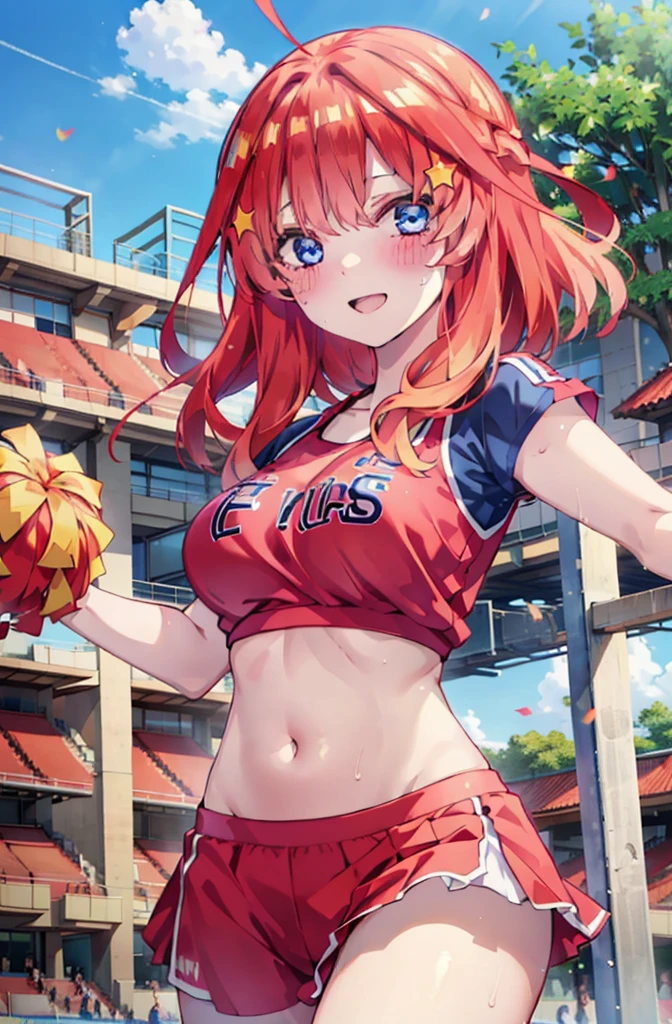 itsukinakano, Itsuki Nakano, bangs, blue eyes, hair between eyes, Ahoge, Redhead, star \(symbol\), happy smile, smile, Open your mouth,hair ornaments, star hair ornaments,(cheer leading), (whole body), Big Breasts, Lower, (Sweaty), Sweaty Wet Clothes (Red clothes), No sleeve,Belly button support, playground, (Jump), (Jump), 足を曲げてJumpする, air, blue sky, Grass原, smileのチアリーダー, Pom-pom \(cheer leading\), Grass, whole bodyがイラストに入るように,
break outdoors, Stadium,
break looking at viewer, whole body,
break (masterpiece:1.2), Highest quality, High resolution, unity 8k wallpaper, (shape:0.8), (Fine and beautiful eyes:1.6), Highly detailed face, Perfect lighting, Highly detailed CG, (Perfect hands, Perfect Anatomy),