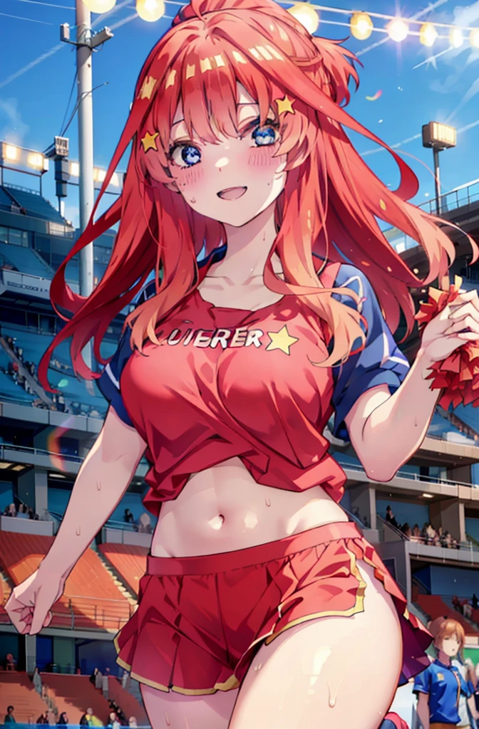 itsukinakano, Itsuki Nakano, bangs, blue eyes, hair between eyes, Ahoge, Redhead, star \(symbol\), happy smile, smile, Open your mouth,hair ornaments, star hair ornaments,(cheer leading), (whole body), Big Breasts, Lower, (Sweaty), Sweaty Wet Clothes (Red clothes),  No sleeve,Belly button support, playground, (Jump), (Jump), 足を曲げてJumpする, air, blue sky, Grass原, smileのチアリーダー, Pom-pom \(cheer leading\), Grass, whole bodyがイラストに入るように,
break outdoors, Stadium,
break looking at viewer, whole body,
break (masterpiece:1.2), Highest quality, High resolution, unity 8k wallpaper, (shape:0.8), (Fine and beautiful eyes:1.6), Highly detailed face, Perfect lighting, Highly detailed CG, (Perfect hands, Perfect Anatomy),