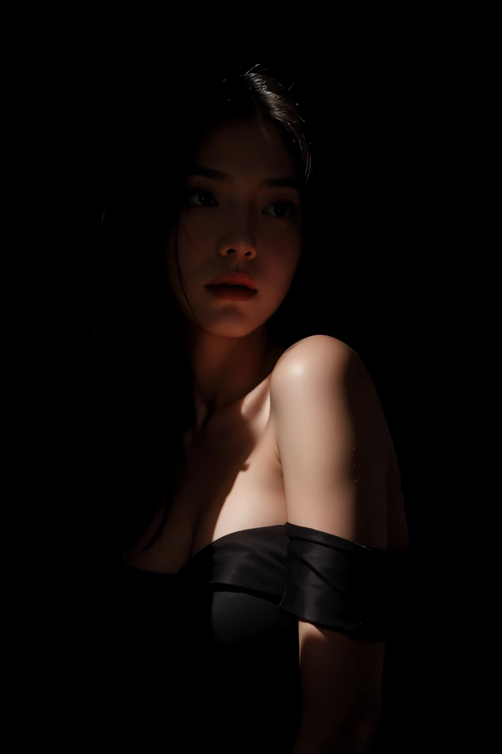 Best quality, masterpiece, ultra high res, (photorealistic:1.4), raw photo, 1girl, offshoulder, in the dark, deep shadow, low key, cold light, chiaroscuro