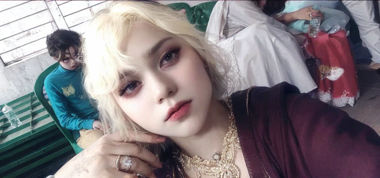 Girl, blonde hair, gray eyes, sharp features, white skin, pink lip, sweater