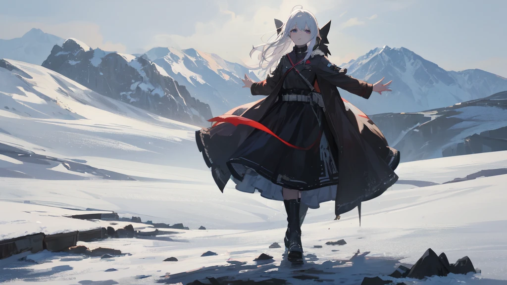 masterpiece:1.2), best quality , solo ,pixiv, anime girl ,long straight white hair , black eyes ,Wearing off-white camouflage uniform ,ten years old,battlefield,Standing in the snowy mountains,(Eyes looking into the distance:1.3),There is a flame burning beside you,(look away:1.5),snowy weather,The girl stands among the deserted snowy mountains,blood on forehead,dirty face,Background mixed with metal fragments:1.2,Backlight,Black lake in the background,Stand on a glacier,Bare rocky peaks , Scrap metal on the snow,raise arms,The expression is sad,There is a black monster in the distance