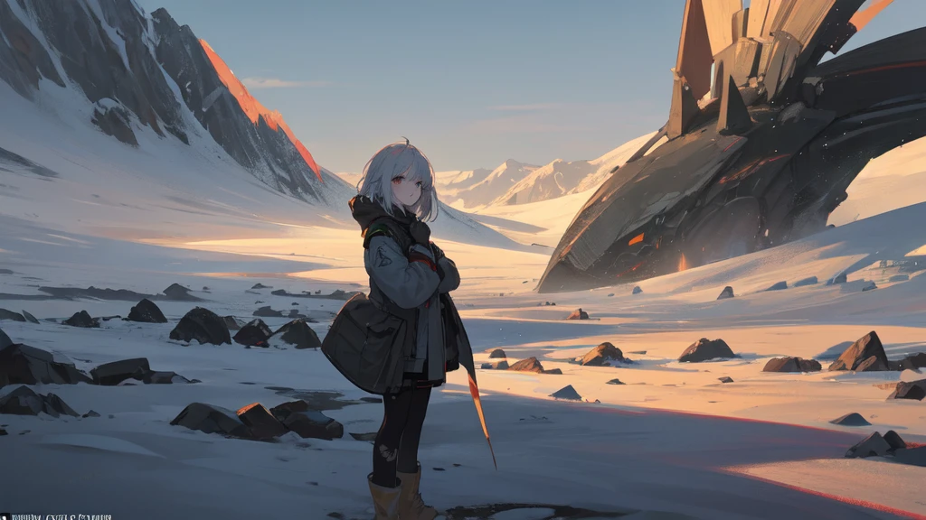 masterpiece:1.2), best quality , solo ,pixiv, anime girl ,long straight white hair , black eyes ,Wearing off-white camouflage uniform ,ten years old,battlefield,Standing in the snowy mountains,(Eyes looking into the distance:1.3),There is a flame burning beside you,(look away:1.5),snowy weather,The girl stands among the deserted snowy mountains,blood on forehead,dirty face,Background mixed with metal fragments:1.2,Backlight,Black lake in the background,Stand on a glacier,Bare rocky peaks , Scrap metal on the snow,raise arms,The expression is sad,There is a black monster in the distance