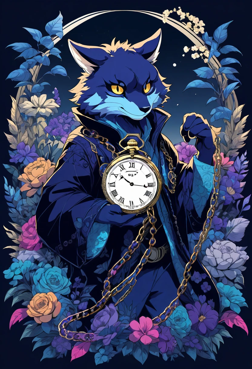 (best quality, high resolution, ultra-detailed)silhouett(kemono, furry anthro)holding striking pocket watch, surrounded by flowers, snakes and darkness, illustrative rendering, intricate details, mysterious atmosphere, vibrant colors, dynamic lighting , Gothic style,