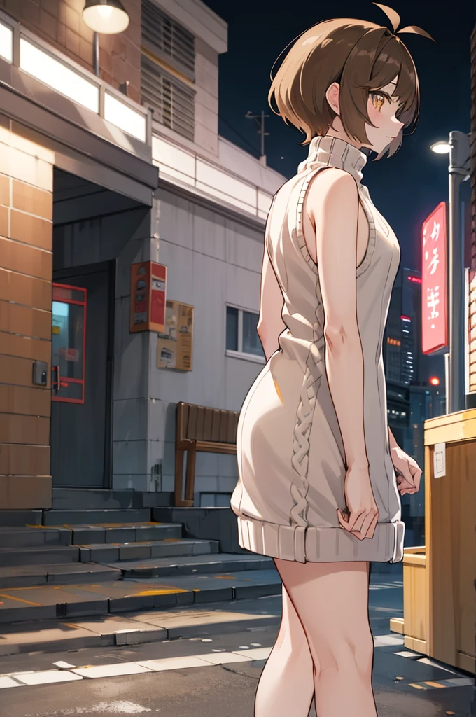 masterpiece, best quality, highres, hmza, short hair, antenna hair, brown eyes, sweater dress, virgin killer sweater, turtleneck, sleeveless, night, street,standing,from side