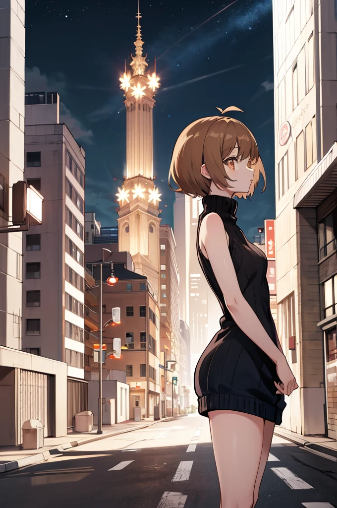 masterpiece, best quality, highres, hmza, short hair, antenna hair, brown eyes, sweater dress, virgin killer sweater, turtleneck, sleeveless, night, street,standing,from side