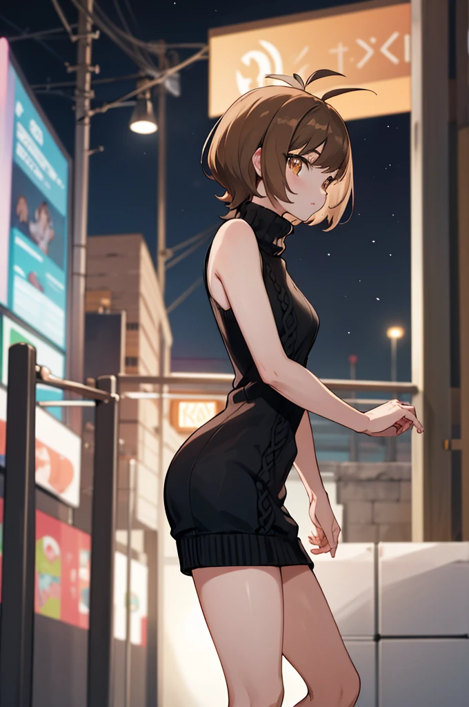 masterpiece, best quality, highres, hmza, short hair, antenna hair, brown eyes, sweater dress, virgin killer sweater, turtleneck, sleeveless, night, street,standing,from side