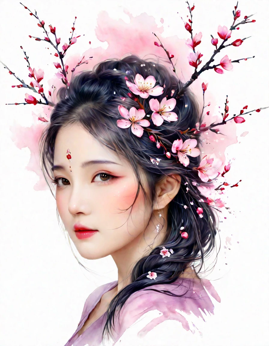 wallpaper，32K，Painted style，Modern minimalist art，（Plum blossom tattoo on neck）,Woman with pretty face，Black long hair，（Neck tattoo of plum blossom：1.3），Flowing hair illustration，Fair face，slim, beautiful eyes， Elegant digital art, Beautiful digital illustrations, Beautiful character painting, 
