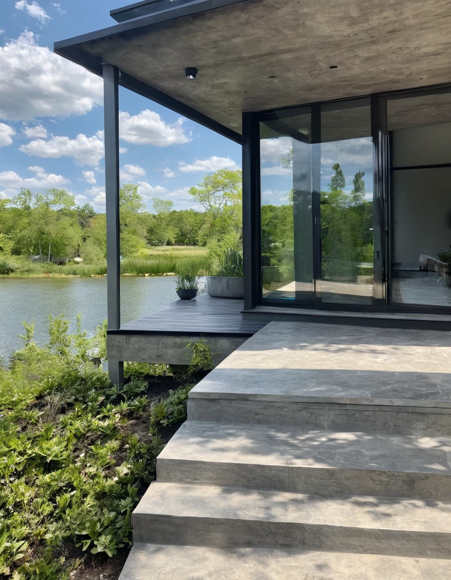 Imagine a contemporary home, where steel, wood and light gray concrete harmonize perfectly. Brise-brise style windows, allowing natural light to dance through the space while maintaining privacy. From the spacious deck, the view opens up to a large, serene lake, reflecting the blue sky and surrounding trees. It's a spring afternoon, the gentle breeze carries the scent of flowers and the peaceful sound of water. The space is welcoming and relaxing, ideal for enjoying a good book or a coffee, in complete harmony with nature. Photography, Hyperrealism style