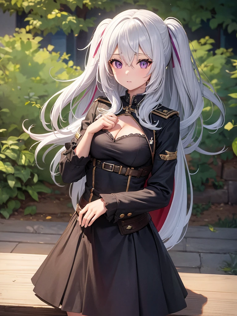 1girl, solo, young, young medium long hair, breasts, black hair, white tips, cleavage, hair between eyes, medium breasts, purple eyes, upper body, white hair, multicolored hair, outdoors, two-tone hair, cape , up, bench, cover