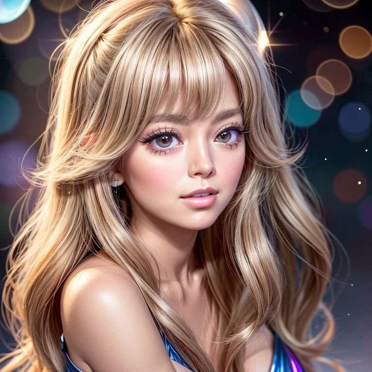 NSFW, 8k, High-level, absurd, masterpiece, best quality, primitive, very detailed CG, very detailed wallpaper, perfect lighting, Extremely detailed ((( personifying " Farrah Fawcett Majors " as a  Girl))), MysticSight, Tyndall effect, Tyndall scattering, (Studio gray background with (Overflowing oodles Dazzling RainbowColorParticles (BokeH))), (RoundlyButts, ThighGap), (Exposed:0.4), (Assfocus with looking ahead) BREAK  (Acutance:0.88), (NOGIZAKA face variations) Extremely Detailed very KAWAII face variations, perfect anatomy, Childish, CaptivatingGaze ElaboratePupils detailed Eyes with (sparkling highlights:1.28), (Voluminous LongEyelashes、GlossyRED Lips with beautiful details, RosyCheeks, Radiant PearlSkin with Transparency . { (Dynamic LifeLike expressions:1.4) | :d) }, (large eyes:-1) .