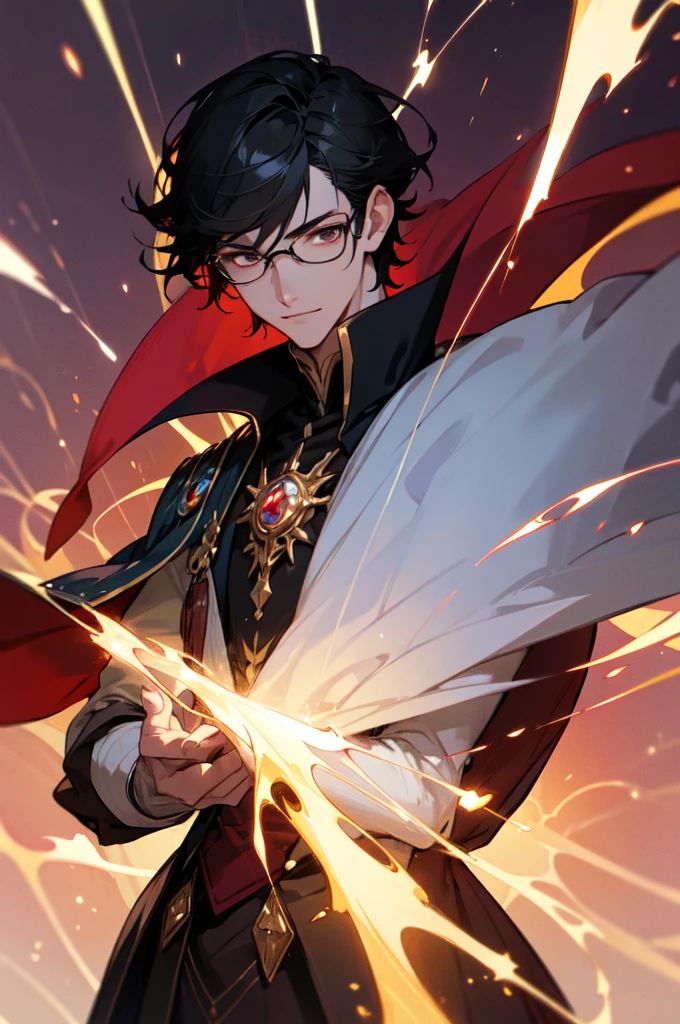 masterpiece, best quality, 1 male, young, tall muscular, handsome, finely detailed eyes, intricate details, black hair, short hair, smile, solo, upper body, detailed background, detailed face, good sorcerer, color magical , determined expression, white color scheme, dark crimson light, glowing magical runes, realistic lighting, floating particles, sparks, surrounded by gold lightning red arcane symbols, corrupted by eldritch power, bloom, glasses