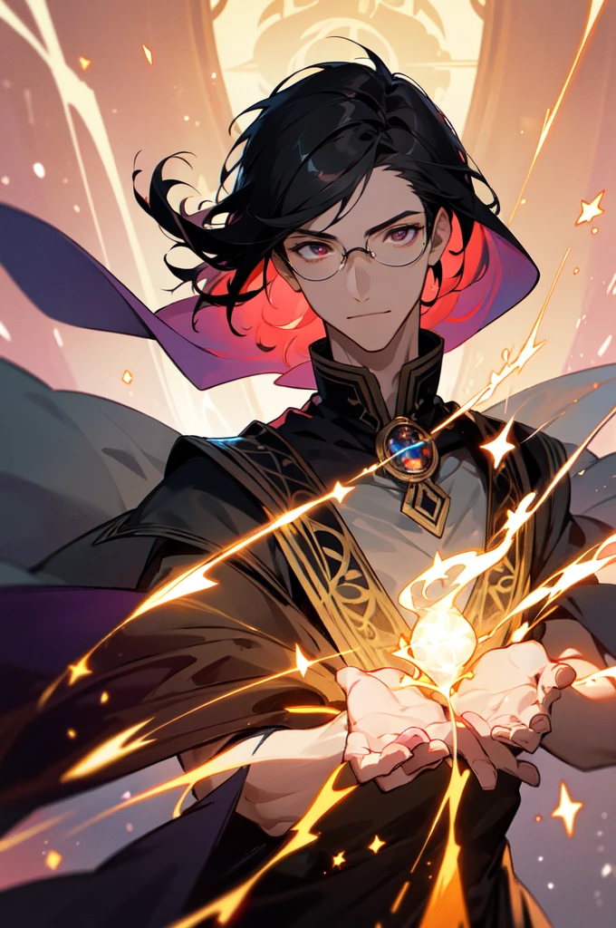 masterpiece, best quality, 1 male, young, tall muscular, handsome, finely detailed eyes, intricate details, black hair, short hair, smile, solo, upper body, detailed background, detailed face, good sorcerer, color magical robes, determined expression, white color scheme, dark crimson light, glowing magical runes, realistic lighting, floating particles, sparks, surrounded by gold lightning red arcane symbols, corrupted by eldritch power, bloom, glasses