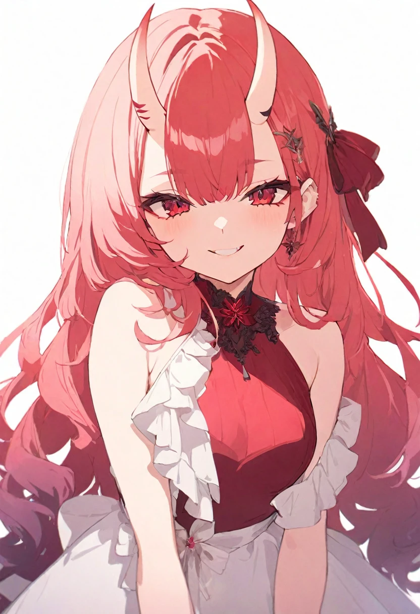 (masterpiece), (best quality), perfect face, beautiful girl, white background background, delicate and beautiful face and eyes, dark intense shadow, 
1 girl, vtuber style, cool girl, hololive,  NakiriAyame, oni horns, gradient hair, red evening dress, Gorgeous evening dress, Ruffles dress, small chest, cropped shoulders, clavicle, winking, smile, body visible through clothes, chest visible through clothes, ass visible through thighs, High heel, (full body), looking at viewer, standing, 