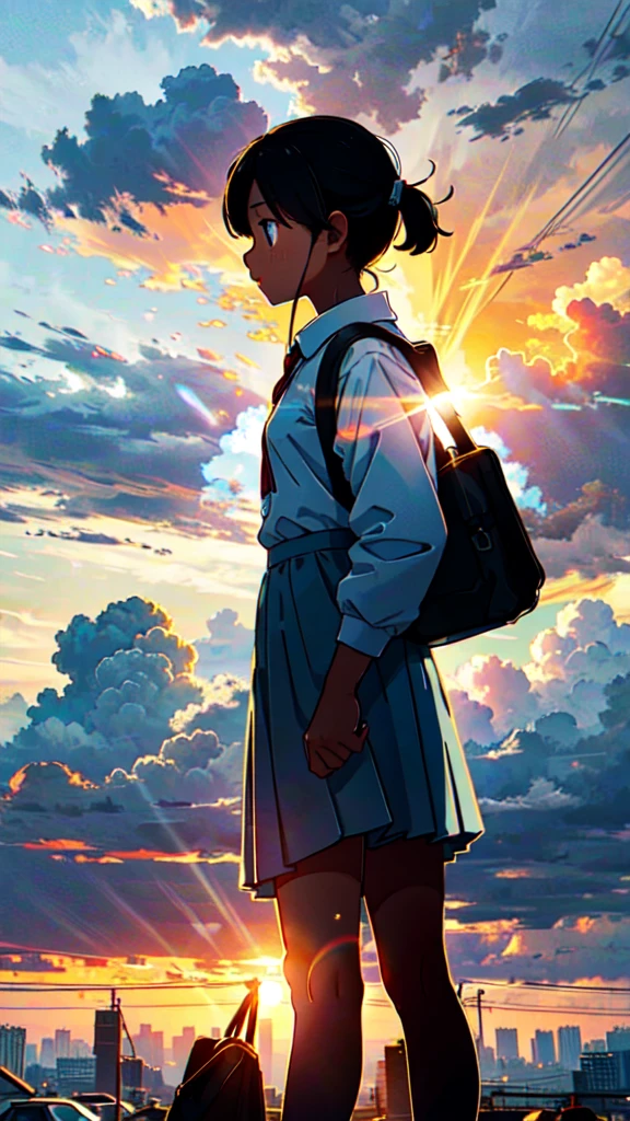 A girl carrying a school bag, the sun and cumulonimbus clouds,Highest quality, masterpiece, RAW Photos,Super detailed