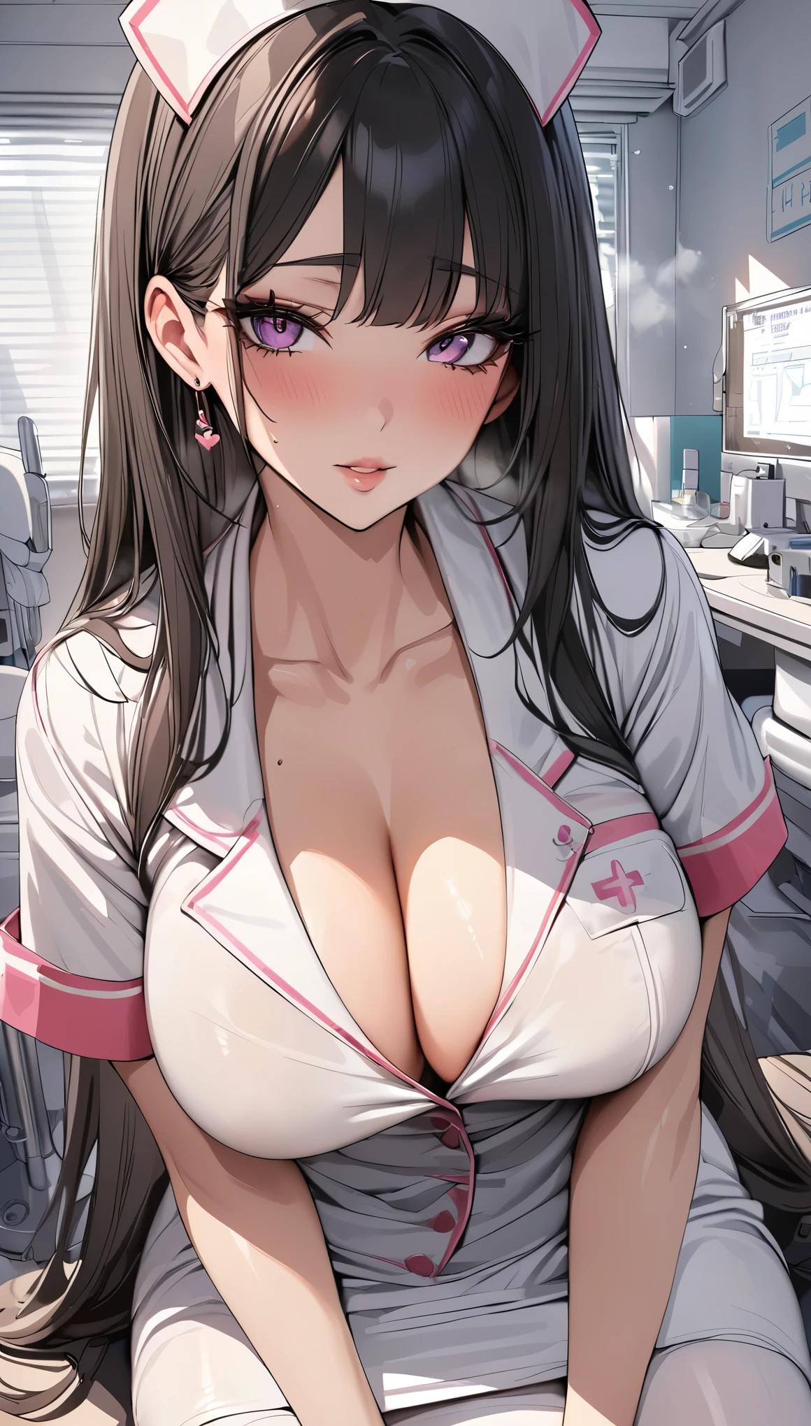 (Highest quality:1.2, 4K, 8k, Very detailed, up to date, Vibrant, Super beautiful illustrations, High detail, masterpiece:1.2, Highest quality, Best aesthetics),(((1 girl))), Sexy Nurse, Nurse uniform, Nurse cap, Cleavage, White tights, Beautiful Face, Heart Eyes, Glamorous eyes, Rui々Beautiful lips, Black Hair, Long Straight Hair, Examination room, White Curtains, Partitioned space, Chemical smell, Eroticism, slouch,