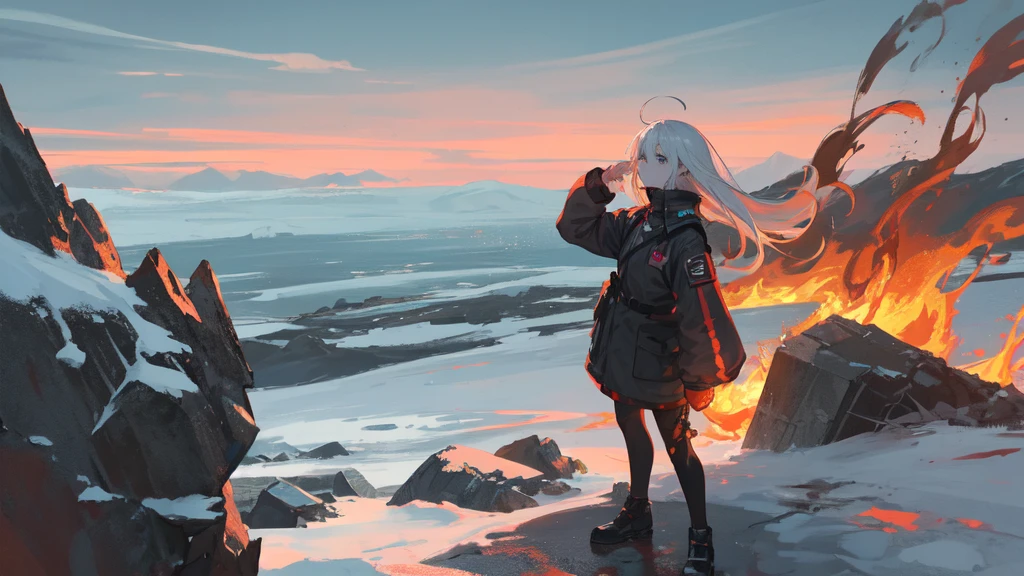 masterpiece:1.2), best quality , solo ,pixiv, anime girl ,long straight white hair , black eyes ,Wearing off-white camouflage uniform ,ten years old,battlefield,Standing in the snowy mountains,(Eyes looking into the distance:1.3),There is a flame burning beside you,(look away:1.5),snowy weather,The girl stands among the deserted snowy mountains,blood on forehead,dirty face,Background mixed with metal fragments:1.2,Backlight,Black lake in the background,Stand on a glacier,Bare rocky peaks , Scrap metal on the snow,raise arms,The expression is sad,There is a black monster in the distance