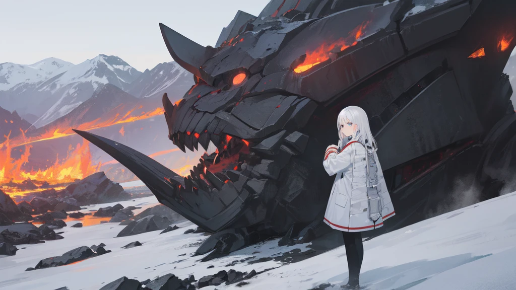 masterpiece:1.2), best quality , solo ,pixiv, anime girl ，long straight white hair , black eyes ,Wearing off-white camouflage uniform ,ten years old，battlefield，Standing in the snowy mountains，(Eyes looking into the distance:1.3)，There is a flame burning beside you，(look away:1.5)，snowy weather，The girl stands among the deserted snowy mountains，blood on forehead，dirty face，Background mixed with metal fragments:1.2，Backlight，Black lake in the background，Stand on a glacier，Bare rocky peaks , Scrap metal on the snow，raise arms，The expression is sad，There is a black monster in the distance