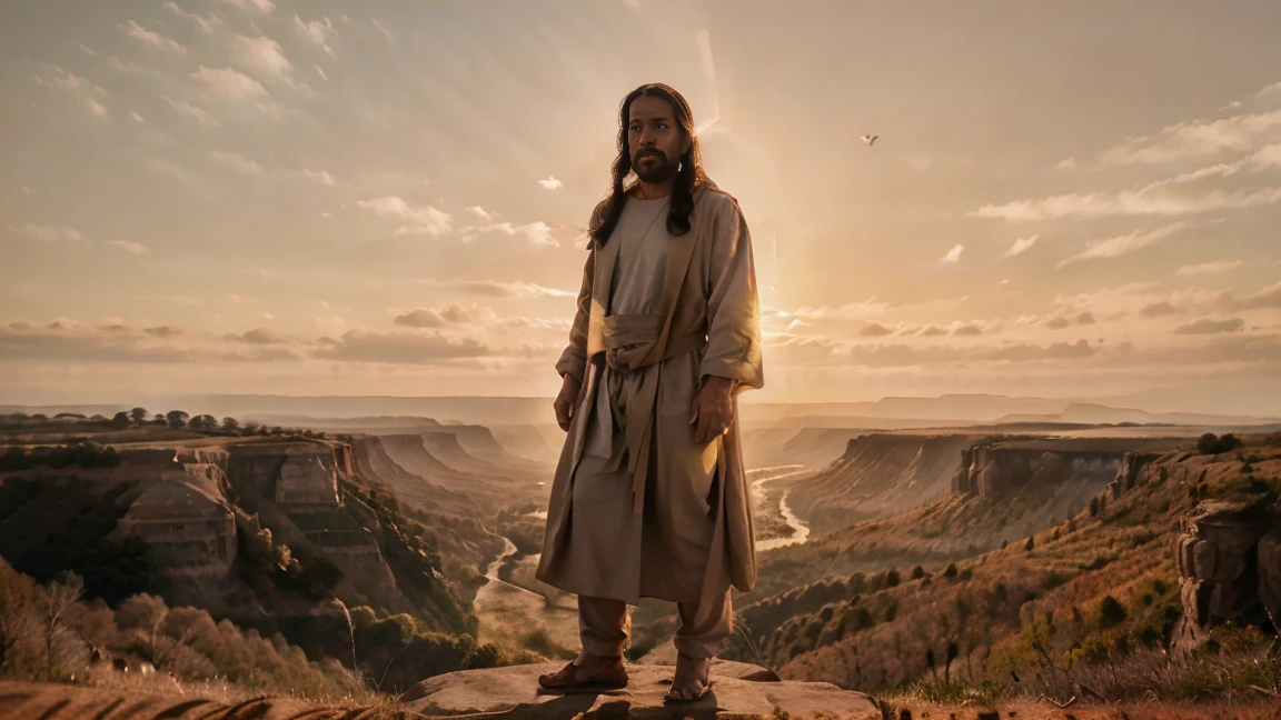 Create an image of Jesus Christ standing at the edge of a cliff, overlooking a vast and breathtaking landscape at dawn. Jesus should be depicted with a peaceful and contemplative expression, His robes gently flowing in the morning breeze. The landscape below should include rolling hills, a winding river, and the first light of dawn illuminating the sky with hues of pink and gold. Birds should be seen soaring in the sky, adding a sense of freedom and serenity. The overall scene should convey a sense of hope, new beginnings, and the majesty of creation, with Jesus as the central figure radiating divine presence and tranquility.
