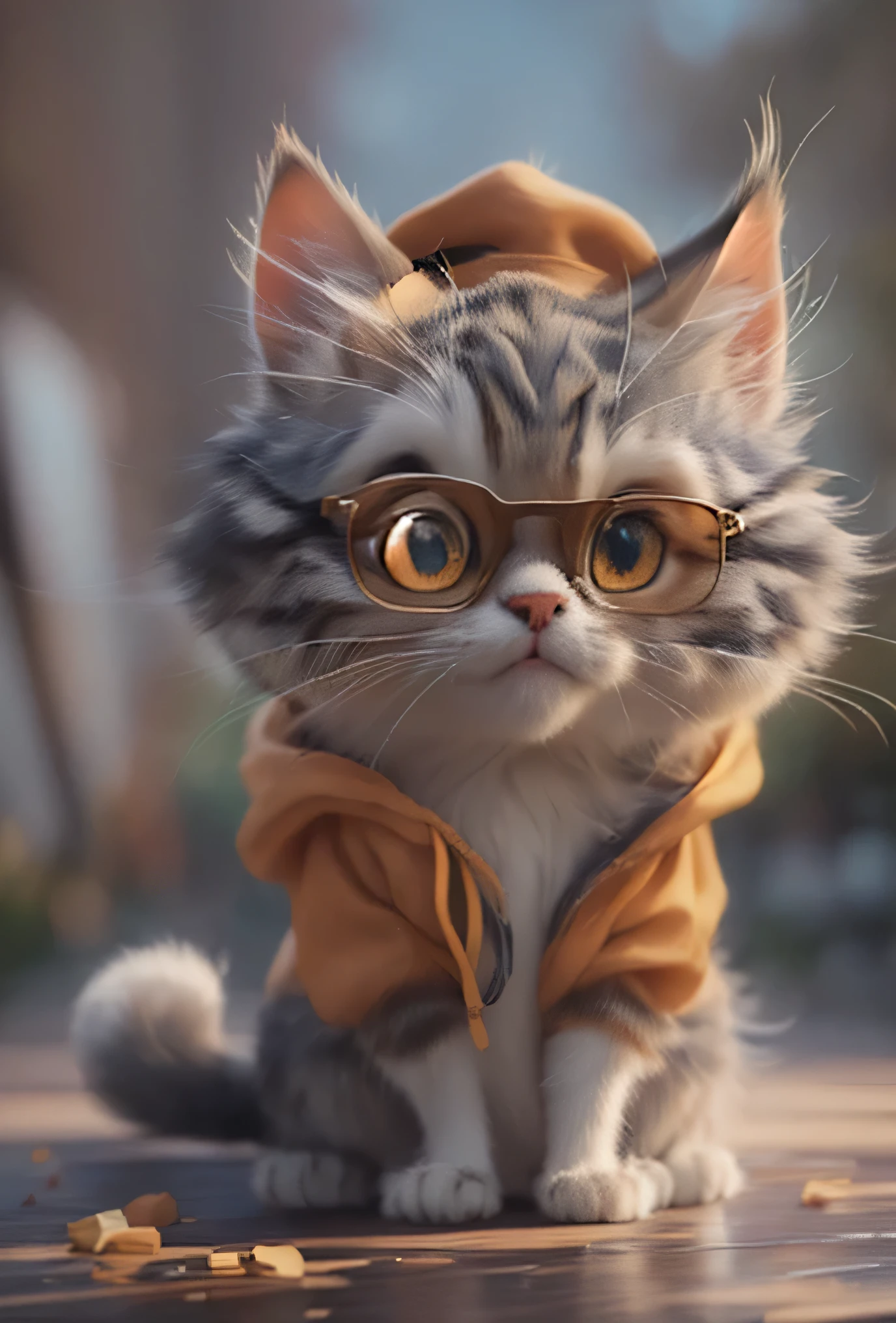There is a cat in a hat, Glasses and jacket., Adorable digital painting, Cute 3D rendering, Trending on artstation 4k, ultra realistic 3d illustration, surreal style, Cinema 4D Cinematic Rendering, Highly detailed digital art in 4K, Cute and intricate digital art, Hyperrealistic painting, Popular 3D renderings on Artstation