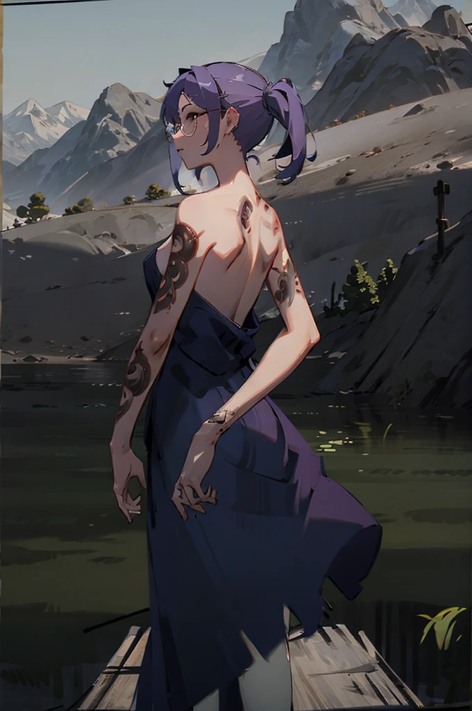 1girl, purple hair, no clothes, naked mountain in background, wearing glasses, beautiful masterpiece, perfection, side-view pov