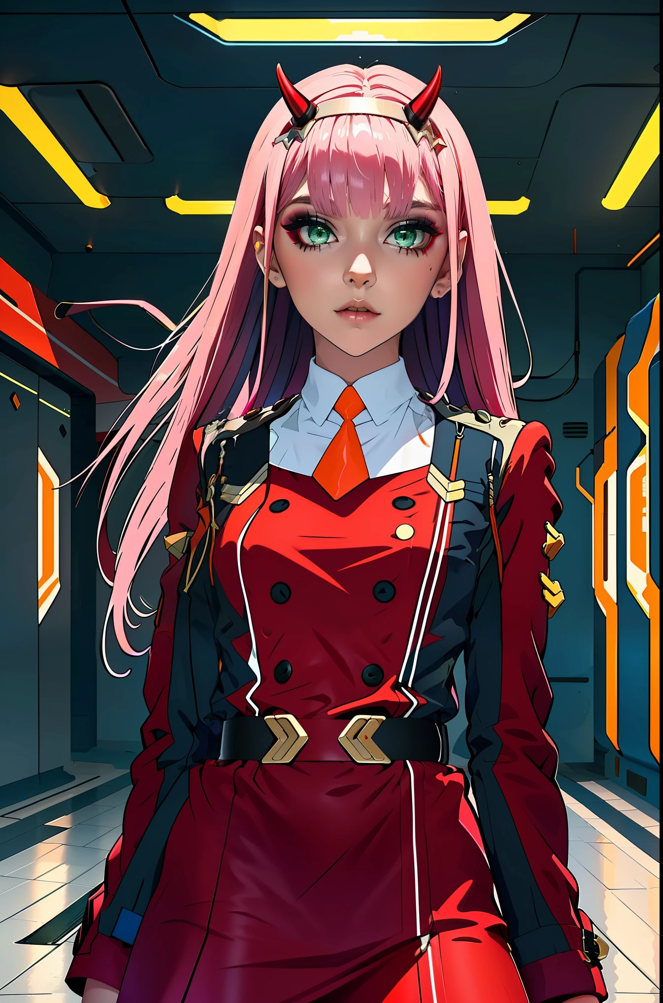 Zero-Two, Long straight and shiny pink hair, small white tiara with two small red horns, (white tiara), straight bangs cover the forehead, green eyes, mascara makeup, eyeshadow makeup, red military uniform with gold metal details on the shoulders, small story black with gold metal detail on the double buckle, white collar with small orange tie, six black buttons, three on each side on the front of the uniform, long red sleeves with black detail, , ((red skirt)), red skirt on top in black tight pants, inside a futuristic room with white neon lighting, teenagers in the background.